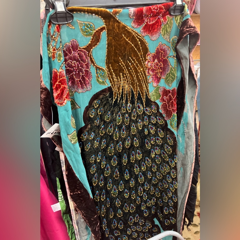 Beautiful 100% Silk vintage scarf pashmina wrap with intricate peacock design
